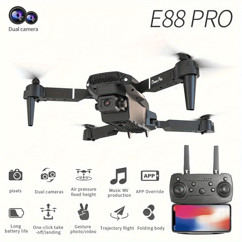 E88 Drone with Dual HD Cameras, 480p Video, Wi-Fi, USB Charging, 1181.1inch Max Altitude, 3m/s Speed, 96g Max Takeoff, Beginner Level, Indoor Use, App Control, One-Click Return, Rechargeable Battery, No GPS - Perfect for Aeri